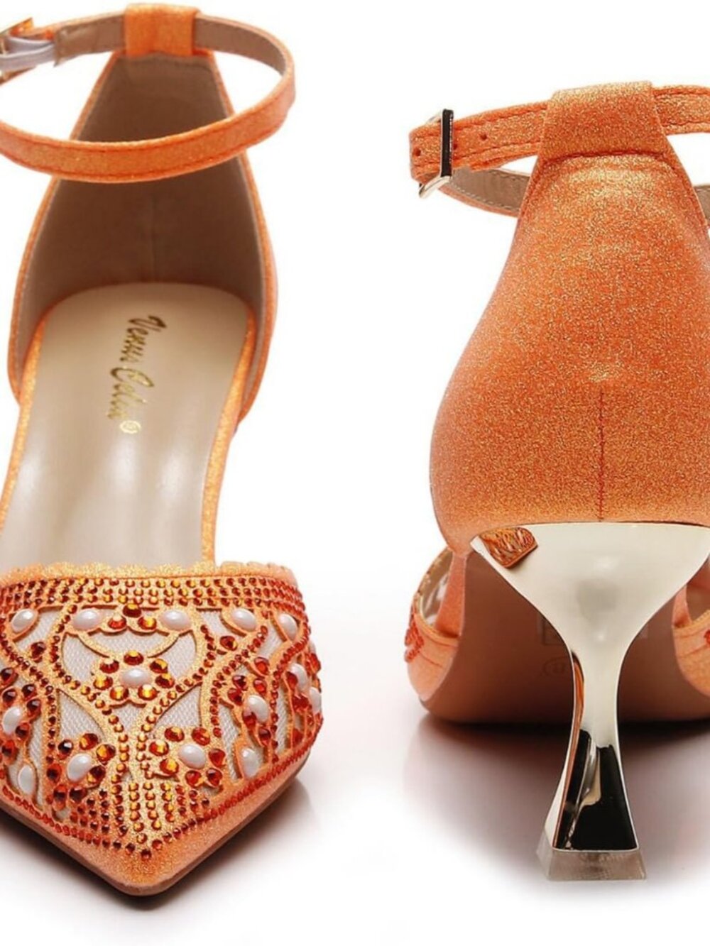 Women's Orange Platform Shining Lady Slingback Pump Shoe With Ankle Buckle - Picture 4 of 6